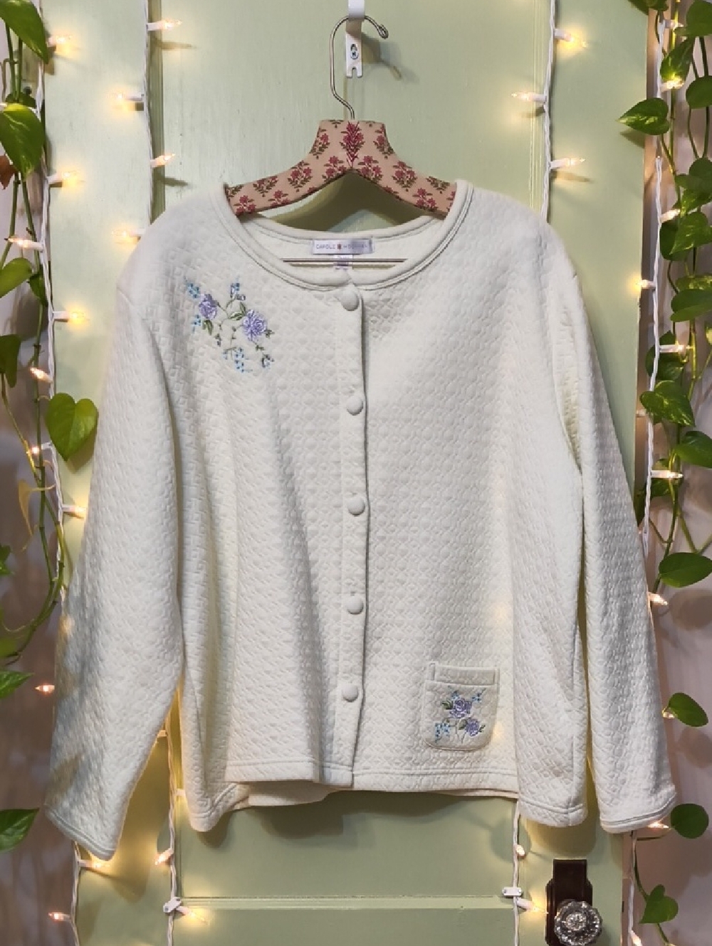 Women's Carole Hochman Purple Flower Cream Ivory Button Up Cardigan Jacket 1X - Picture 12 of 12